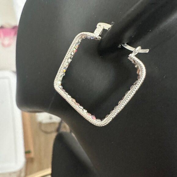 Sterling Silver 925 Square Hoop Earrings With Zircon Accents 3MM - Picture 2 of 9